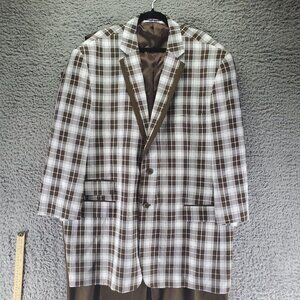 Tony Blake Suit Mens 56L 50x28 Brown Plaid Polyester 3 Piece Set *GUC*